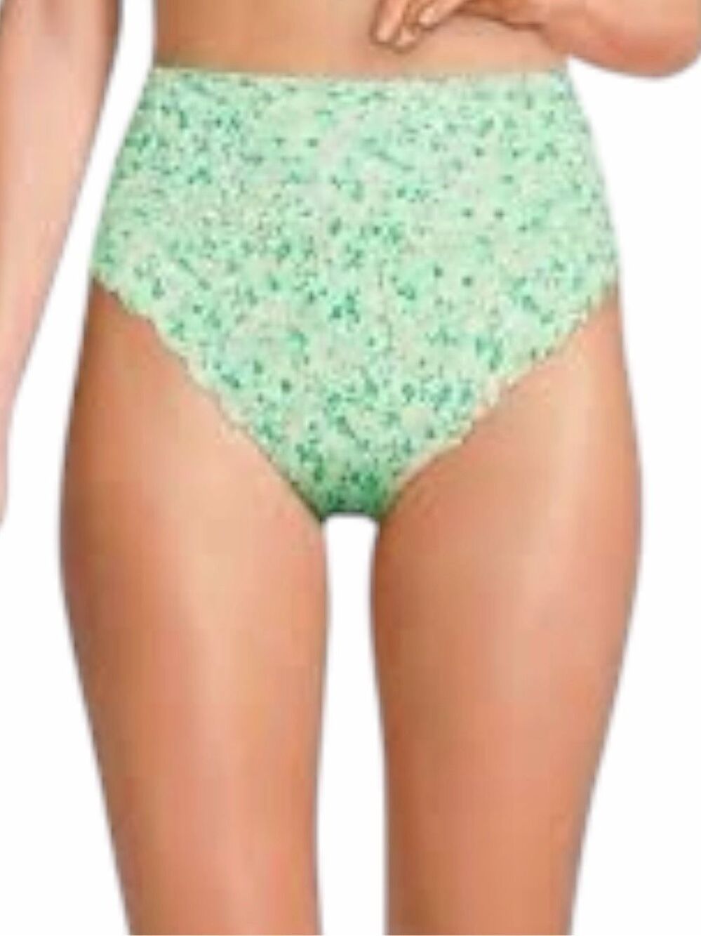 LANDS’ END Tugless Scallop High Waisted Bikini Bottoms Mint Floral 12